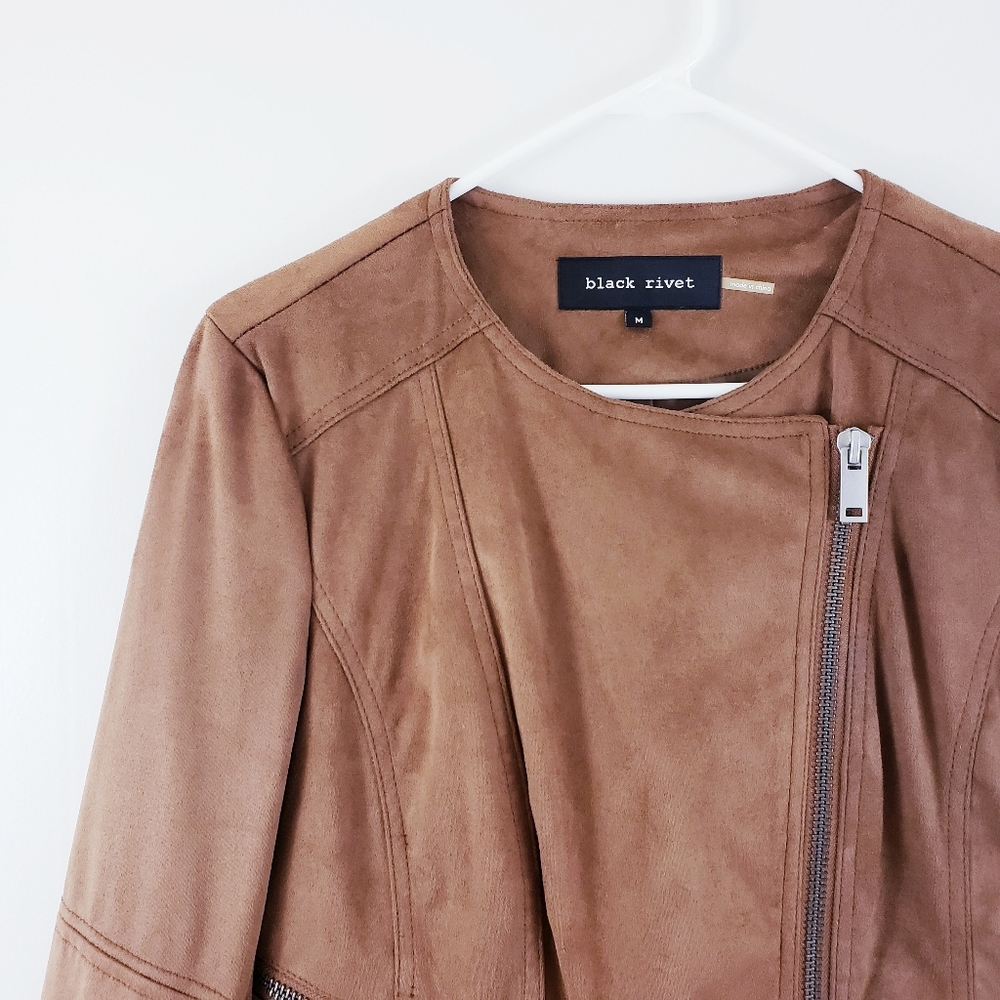 Black Rivet Stand Collar Faux Suede Fringe Jacket - Picture 6 of 8